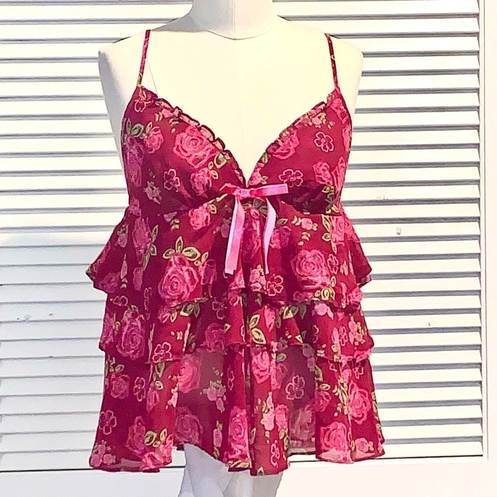 Victoria Secrets Vintage Floral Empire Waist, spaghetti strap ruffle tiered  V